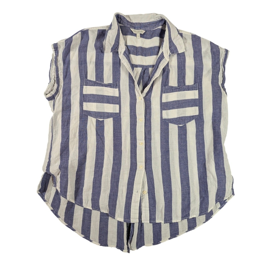 Lucky Brand Womens Large Blue White Striped Cotton Split Back‎ Button Down Top